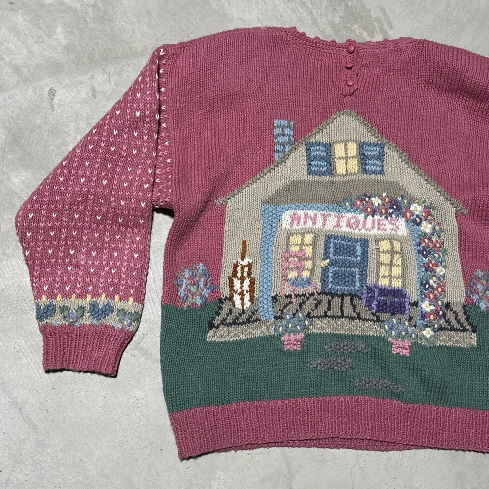 Vintage Hand Knitted Cardigan Sweater SZ L Cottagecore Antiques Farm House Pink - Picture 13 of 13